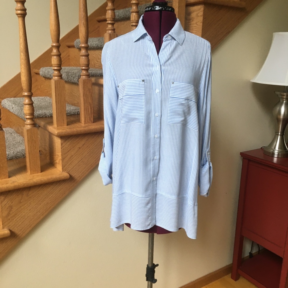 Jones New York Blue Pinstripe Blouse L